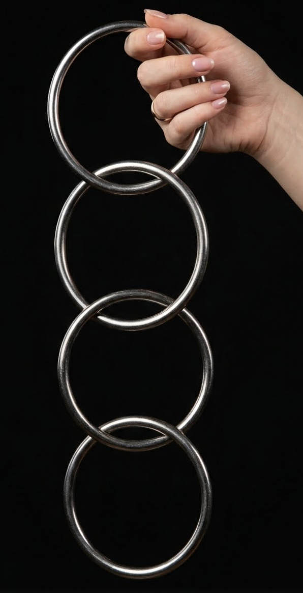 A hand holding a vertical chain of linked metal rings against a black background